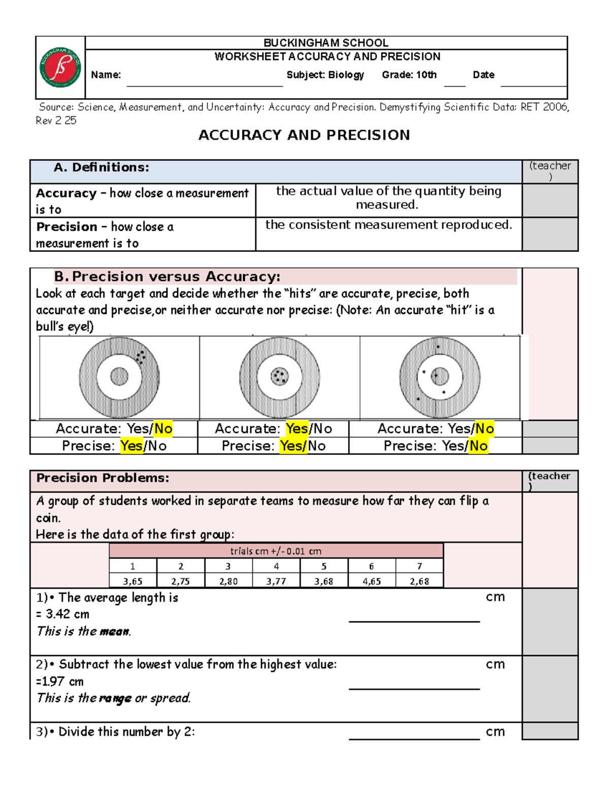 Accuracy And Precision Worksheet Zipworksheet Com