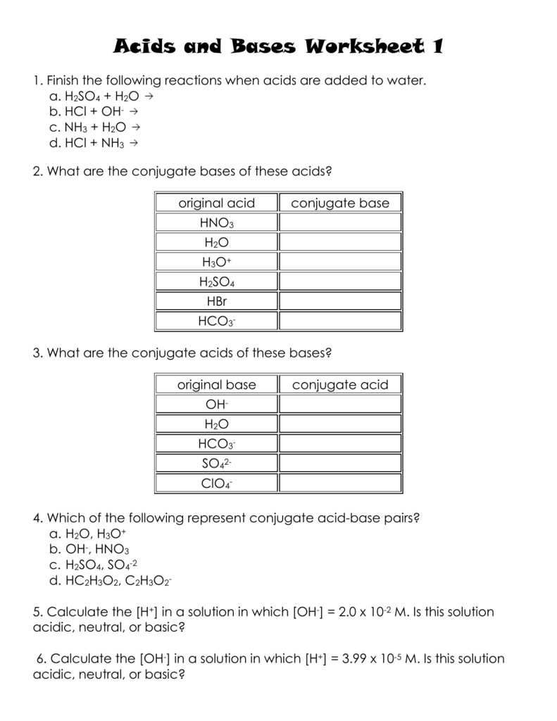 Acid And Base Calculations Worksheets