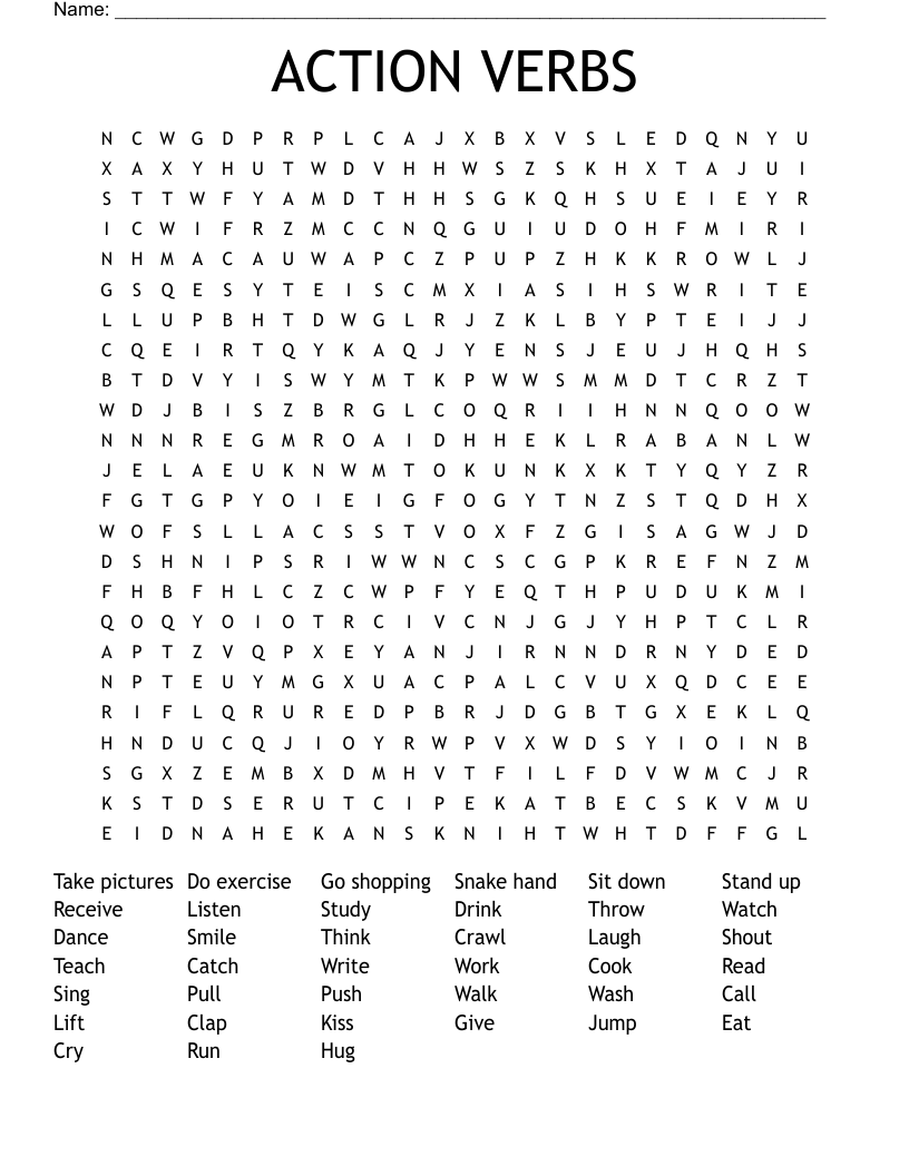 Action Verbs Word Search 2 Free Pdf Download Ezpzlearn Com