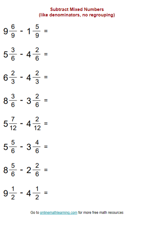 Fun Worksheets for Mixed Numbers Addition and Subtraction