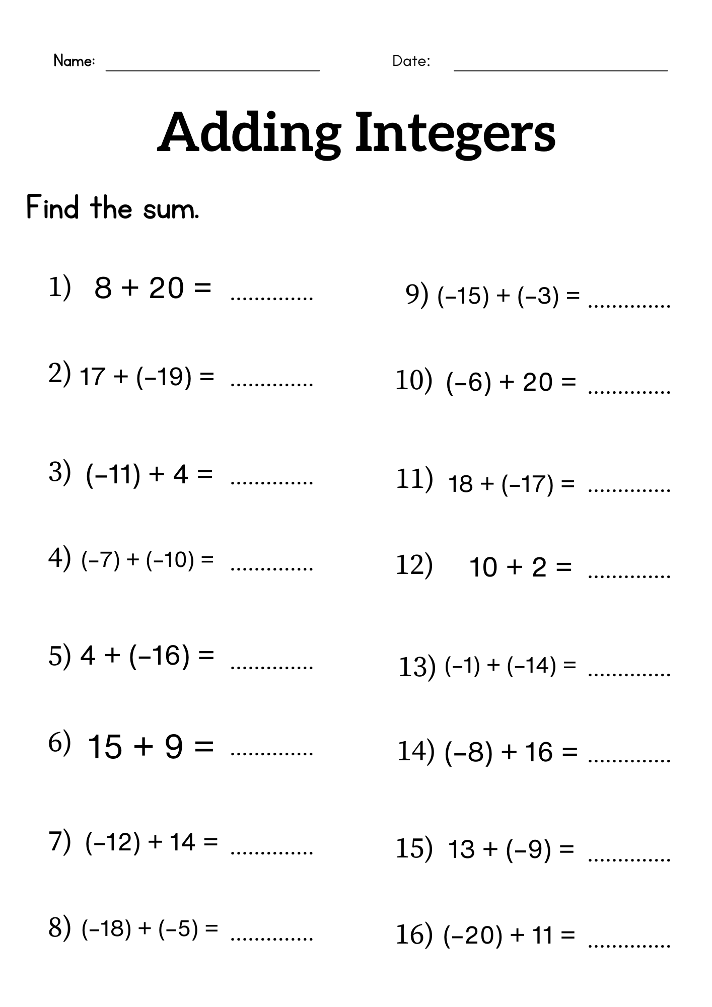 Add Integers With Counters Worksheets Pdf 7 Ns A 1 D 7Th Grade Math