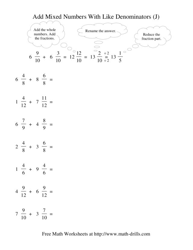 Add Mixed Numbers With Like Denominators Worksheet Examples Answers