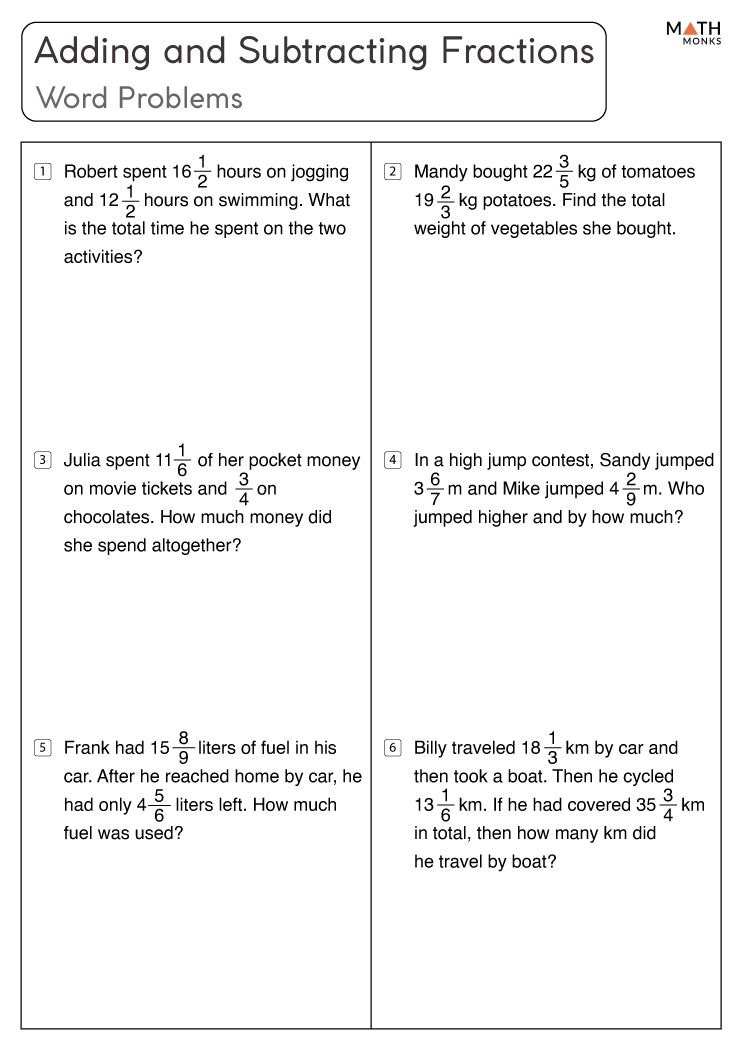 Adding And Subtracting Fractions Word Problems Worksheet 4 Nf 3