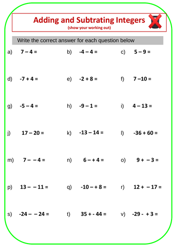 Adding And Subtracting Integers Practice Worksheet