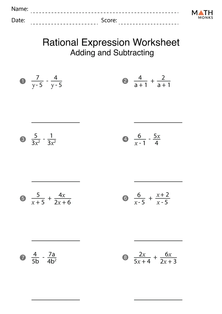 Adding And Subtracting Rational Expressions Worksheet Printable Sheet