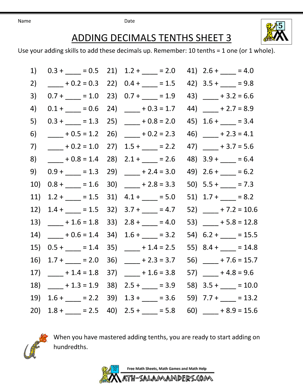 Adding Decimals Worksheet Pdf