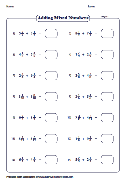 Adding Mixed Fractions Printable Pdf