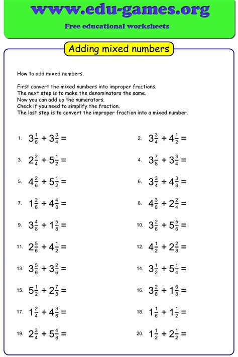 Adding Mixed Fractions With Different Denominators Worksheet