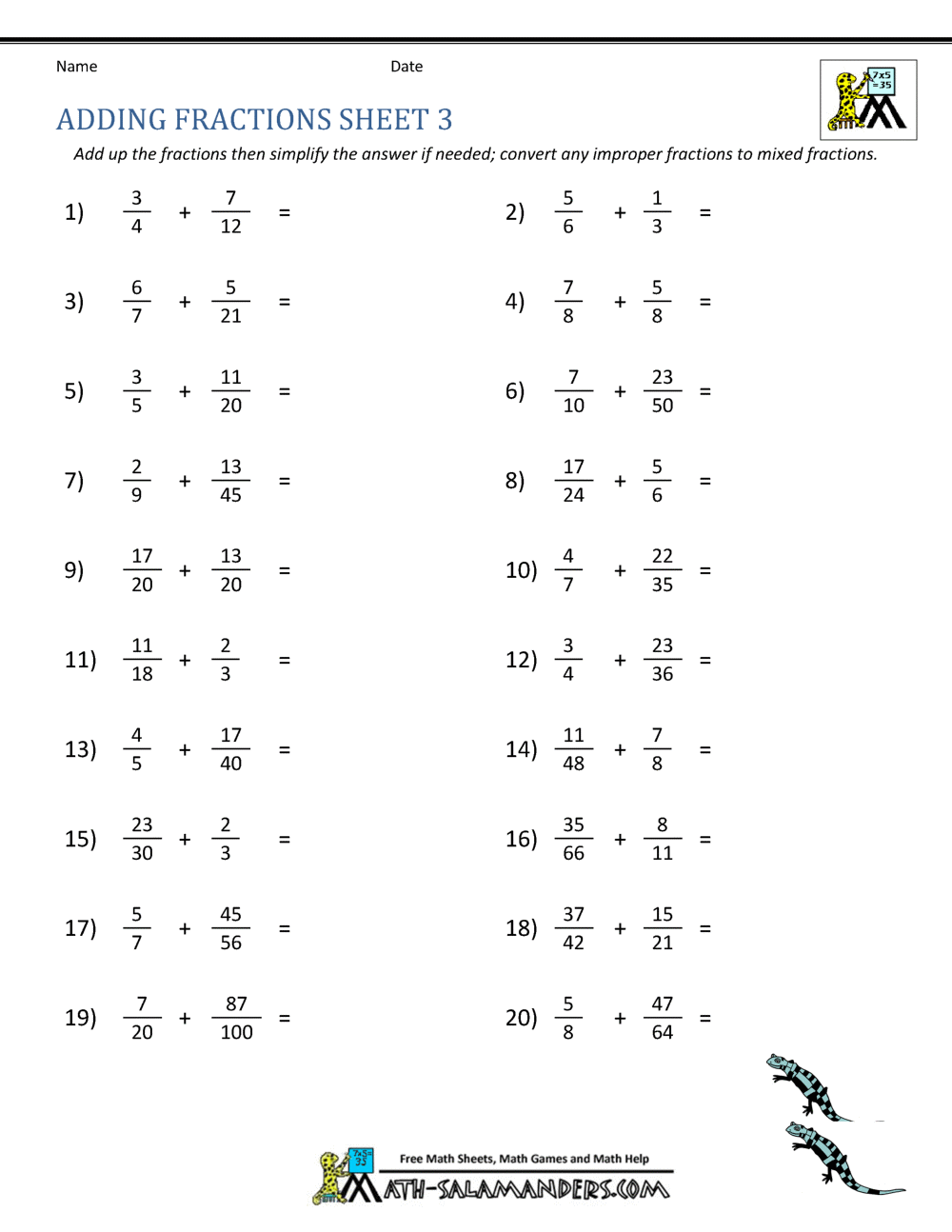 Adding Mixed Fractions Worksheet Pdf