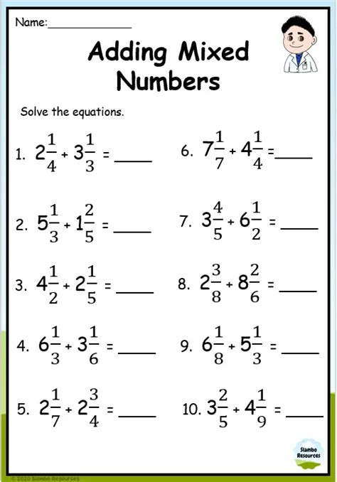 Adding Mixed Number Fractions Sheet