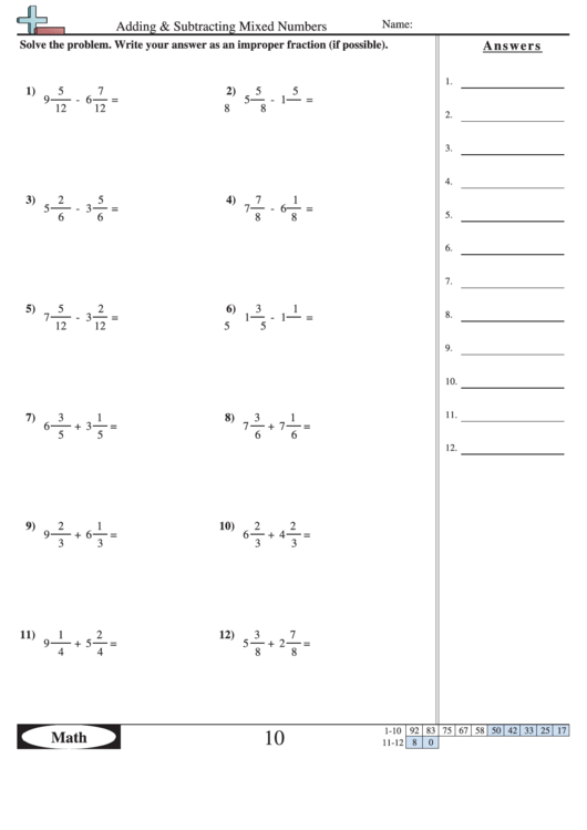 Adding Mixed Numbers Answer Key