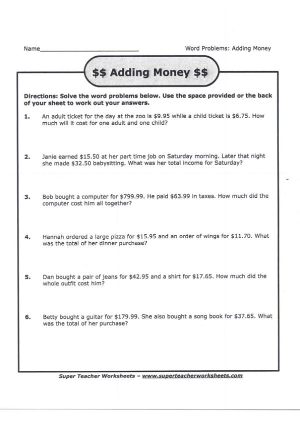 Adding Money Word Problems With Answer Key Money Word Problems