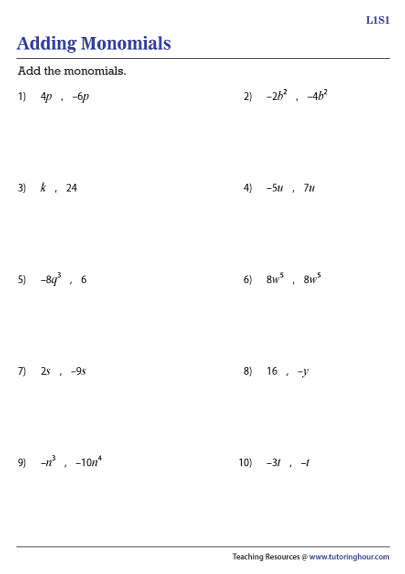 Adding Monomials Worksheet Printable Word Searches