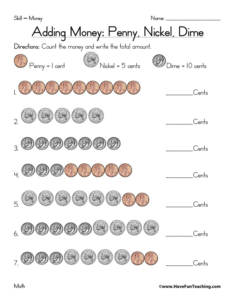 Adding Pennies Nickels And Dimes Worksheets