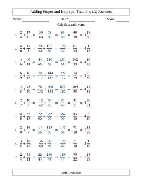 Adding Proper And Improper Fractions With Unlike Denominators Mixed Fractions Results And Some Simplifying Fillable A