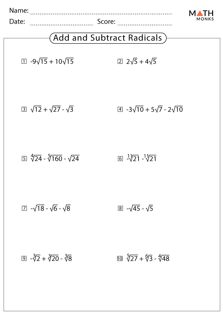 Adding Radicals Worksheet Worksheets For Kindergarten