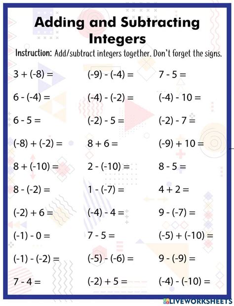 Adding Subtracting Integers Free Worksheets