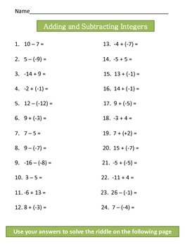 Adding Subtracting Integers Worksheets