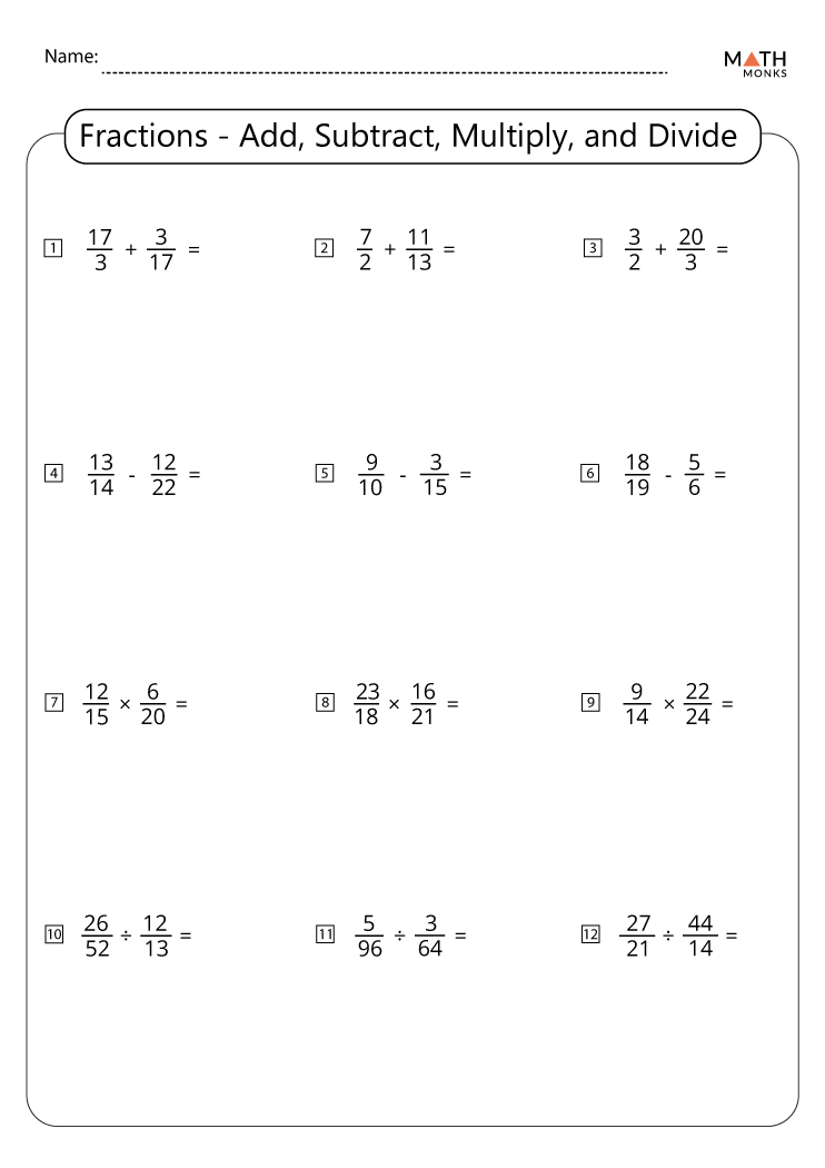 Adding Subtracting Multiplying And Dividing Fractions Activity