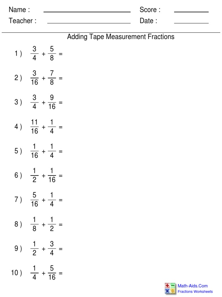 Adding Tape Measure Fractions Fractions Worksheets Math