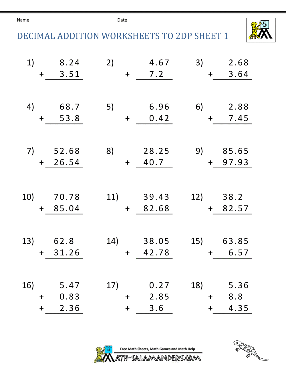 Free Printable Worksheets for Adding Decimals Easily