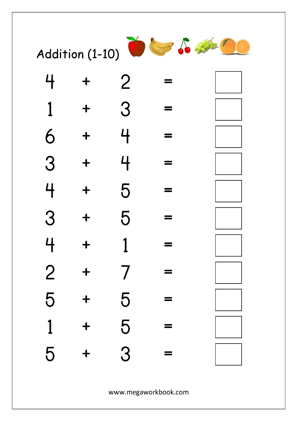 Addition 1 to 10 Worksheets for Math Fun