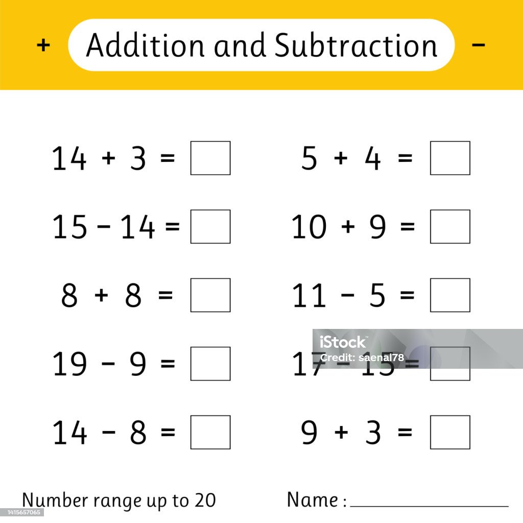 Addition And Subtraction Number Range Up To 20 Math Worksheet For