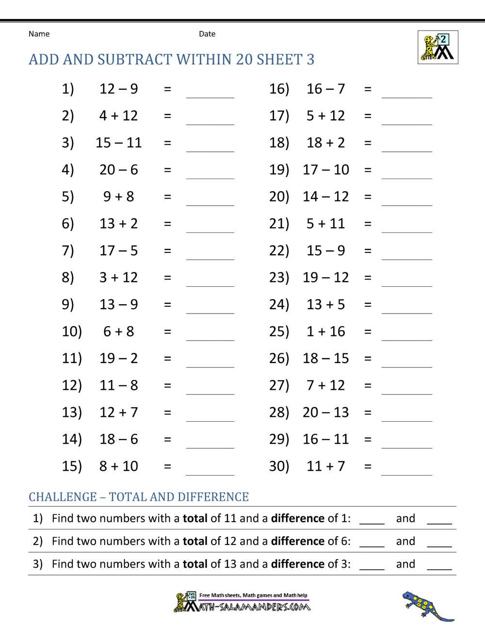 5 Fun Worksheets for Addition & Subtraction Within 20