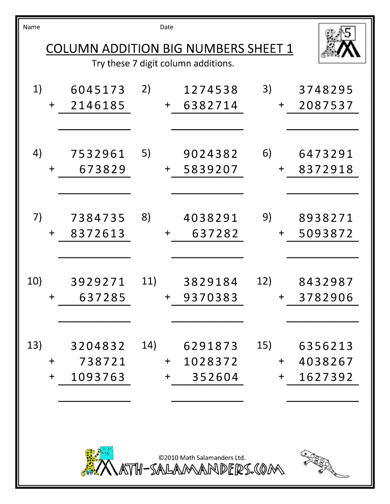 Addition And Subtraction Worksheets Column Addition Big Subtraction Worksheets Addition And