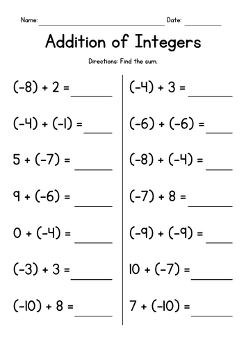 Addition Of Integers Worksheets Teaching Resources