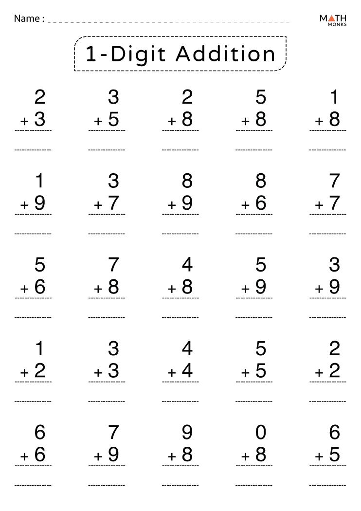 Free Printable Single Digit Addition Worksheets for Kids