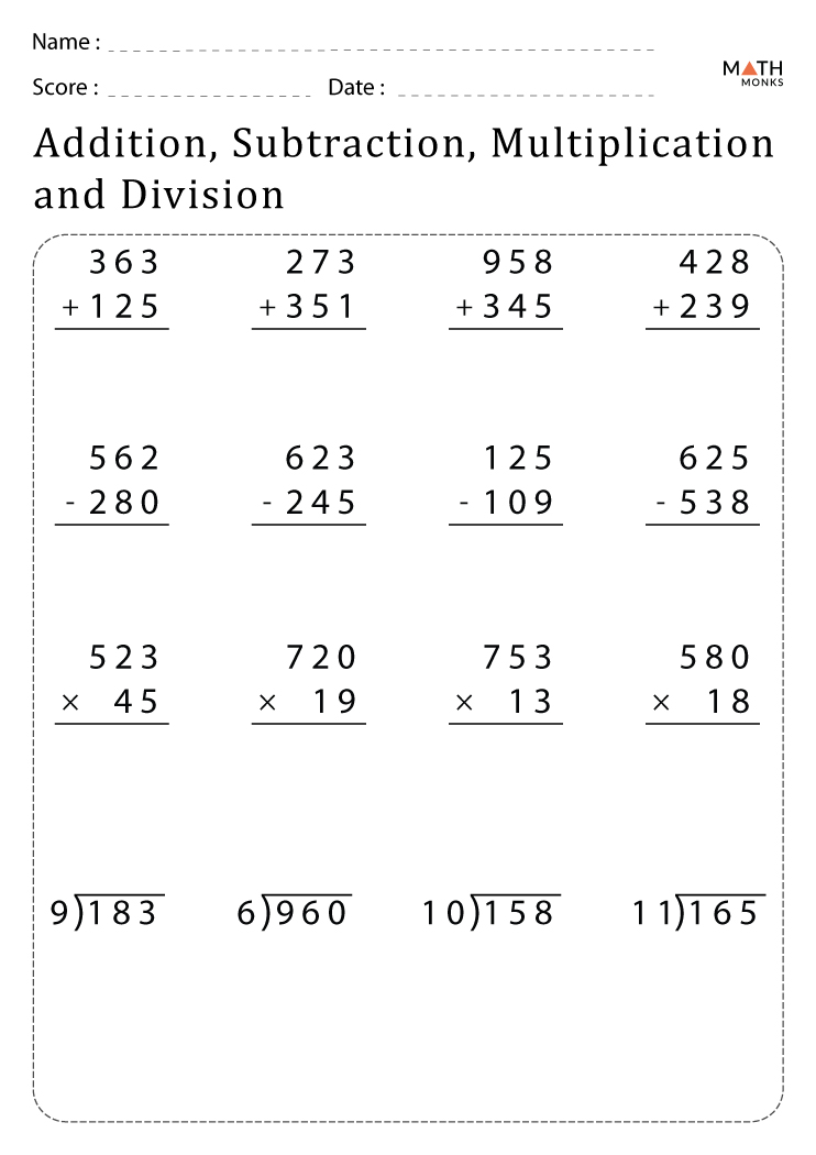 Addition Subtraction Multiplication Division Worksheets With Answer Key