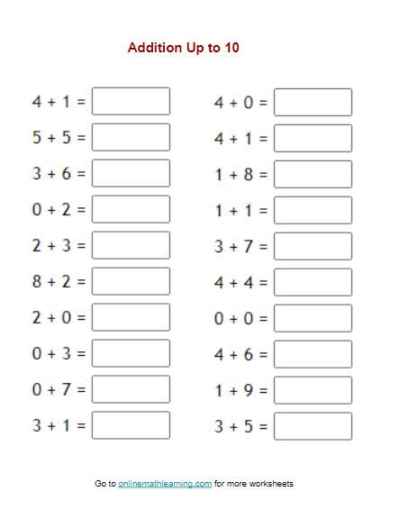 Addition Up To 10 Worksheets