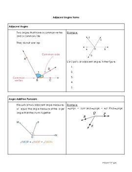 Adjacent Angles Angle Addition Postulate Notes And Practice By Ms W