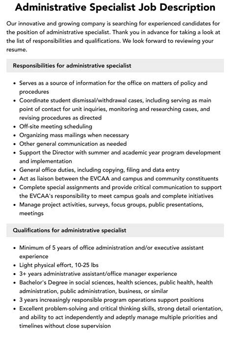 Administrative Specialist Job Description