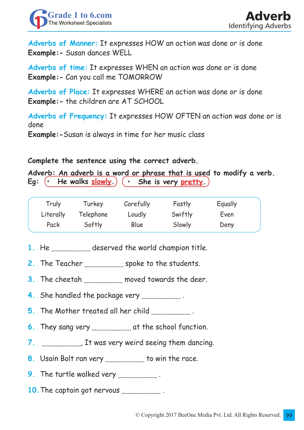 Adverbs Worksheet Class 6