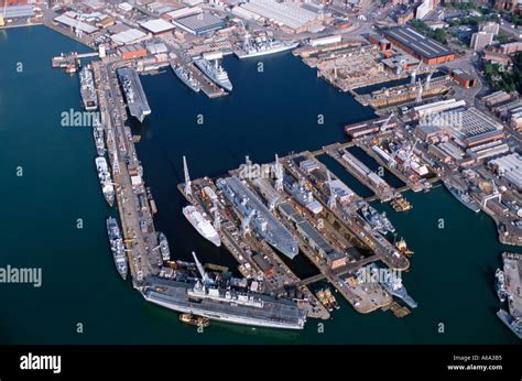 Aerial View Of British Naval Base Portsmouth Uk Showing Hms Ark Royal July 2002 Stock Photo Alamy