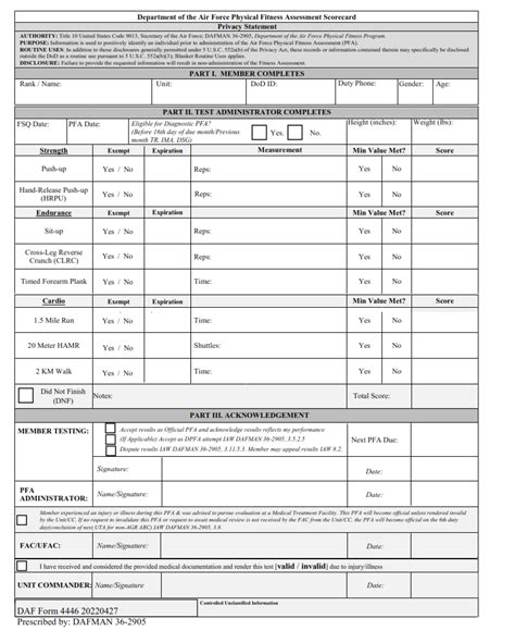 Af Form 4446 Air Force Fitness Assessment Scorecard