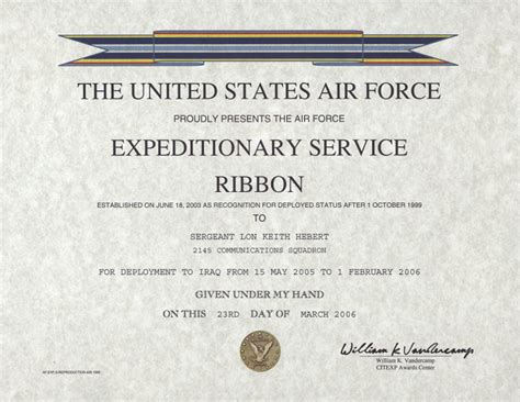 Air Force Expeditionary Service Ribbon Certificate