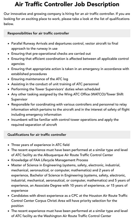 Air Traffic Controller Job Description Examples Amp Inspiration