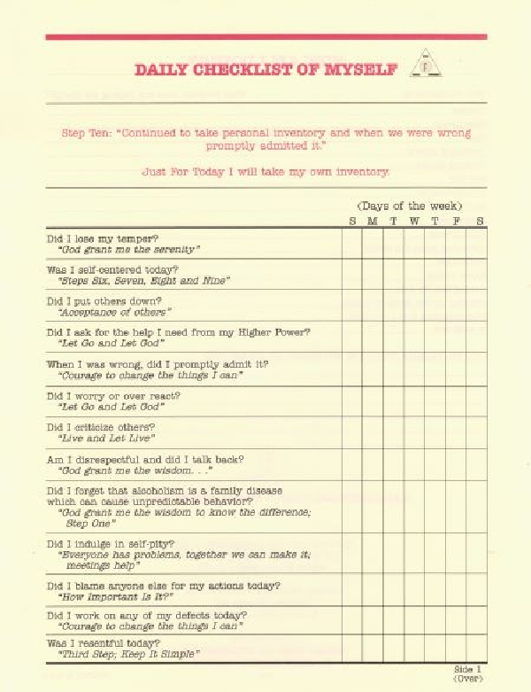 Al Anon Inventory Worksheet