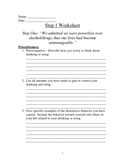 Al Anon Step One Worksheet Printable Sheet Education