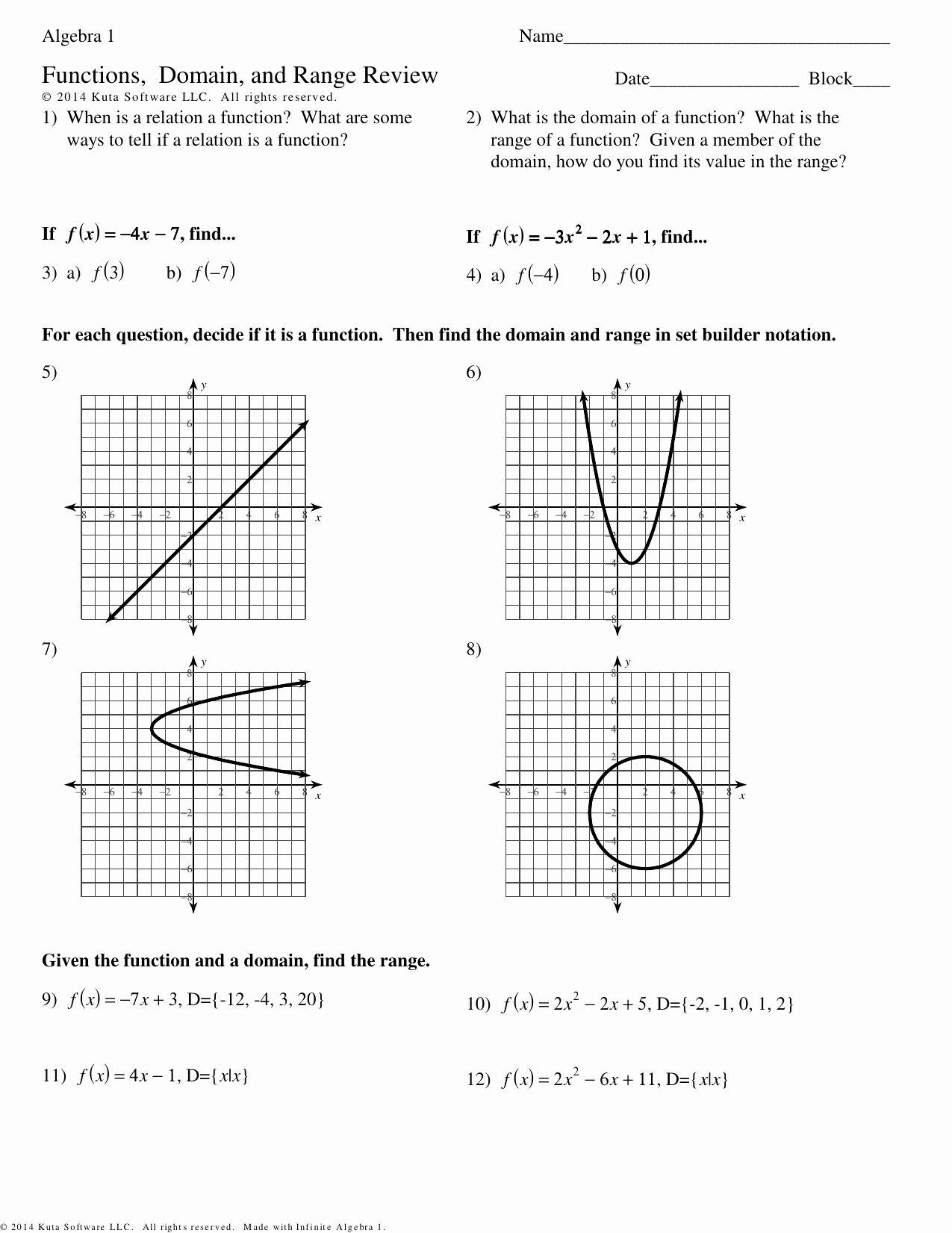 Algebra 1 Functions Domain And Range Function Notation Worksheet Answers Function Worksheets