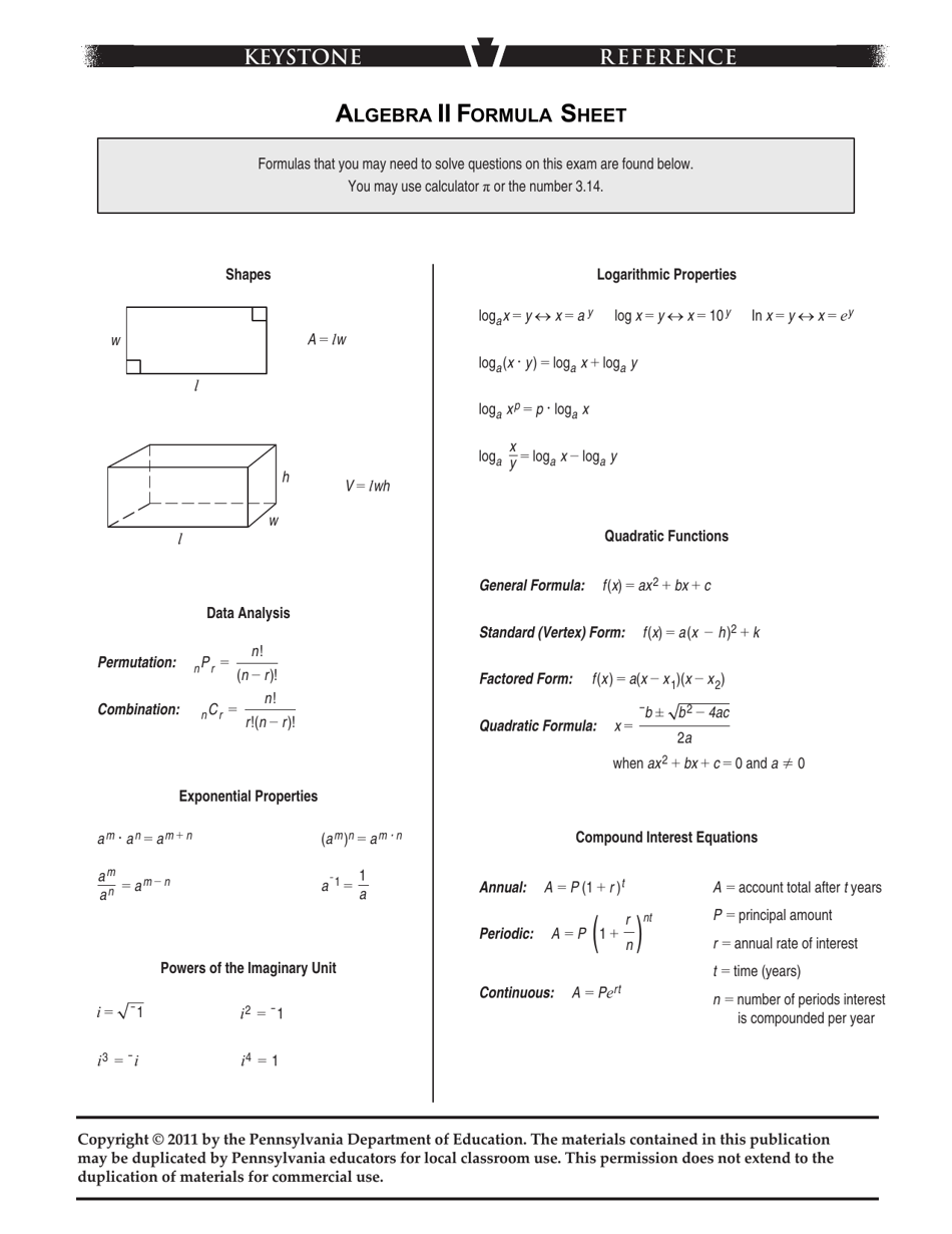 Algebra 1 Keystone Formula Sheet Practice With Step By Step Answers