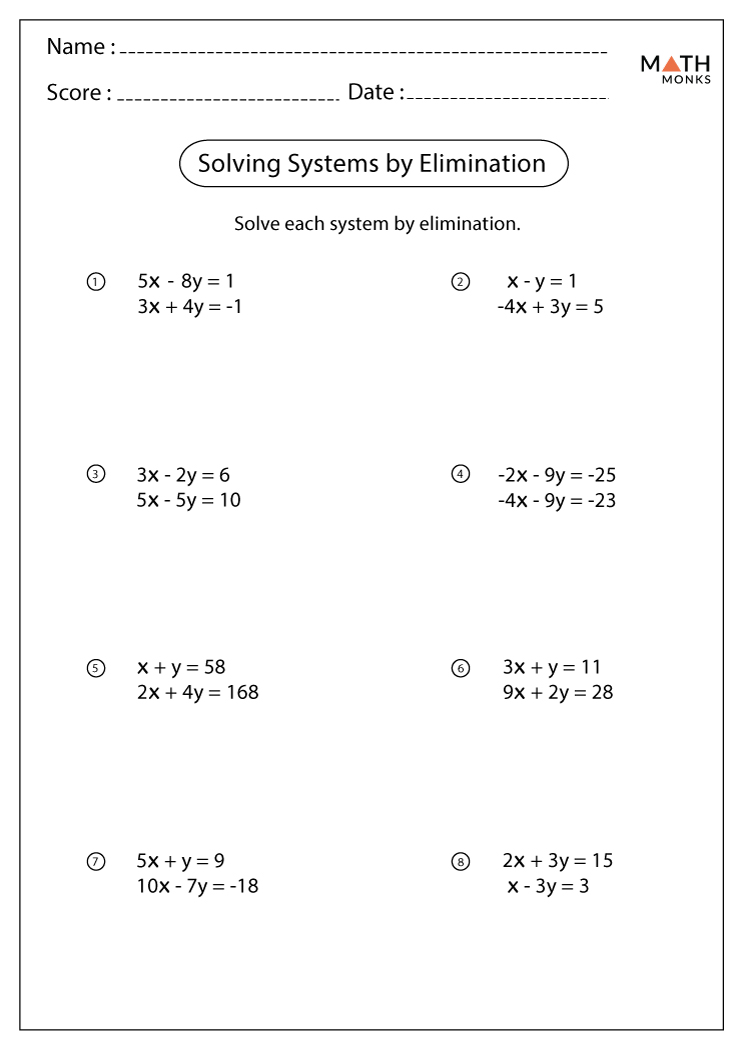 Algebra 1 Worksheet Solving Systems Of Linear Equations Using Elimination