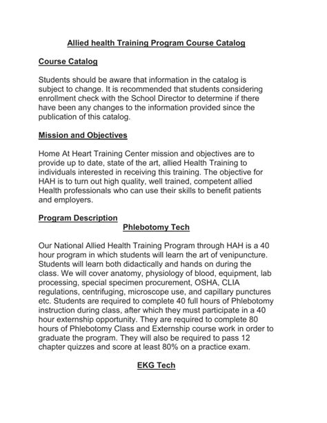 Allied Health Training Program Course Catalog