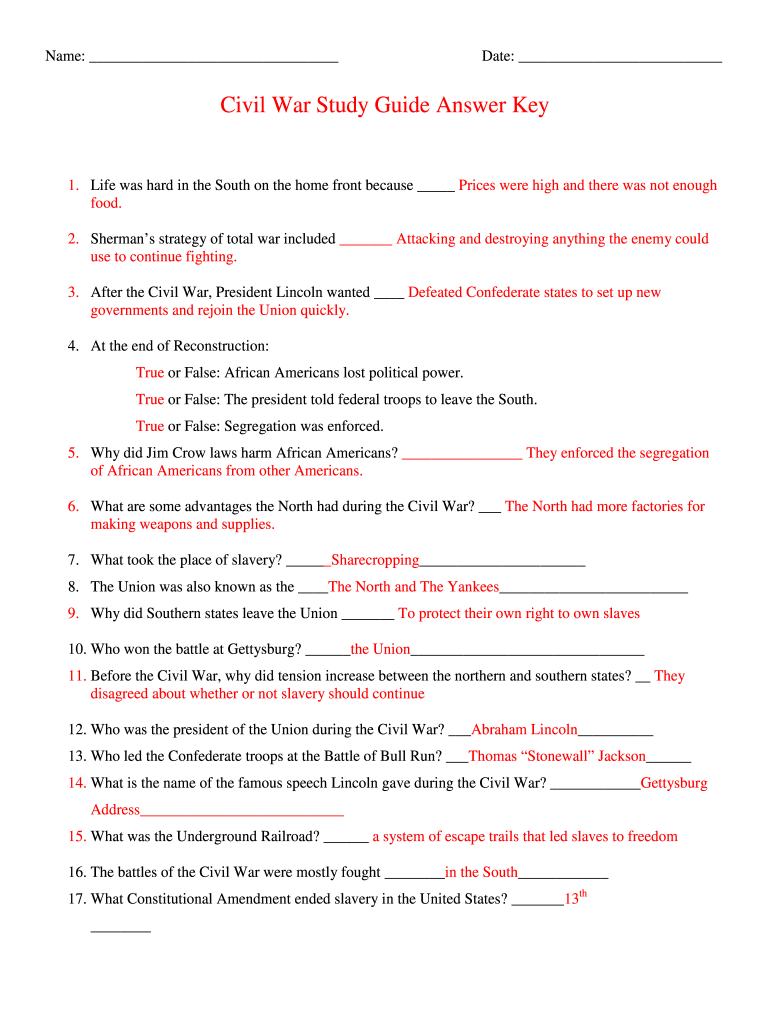 America The Story Of Us Civil War Worksheet Answer Key