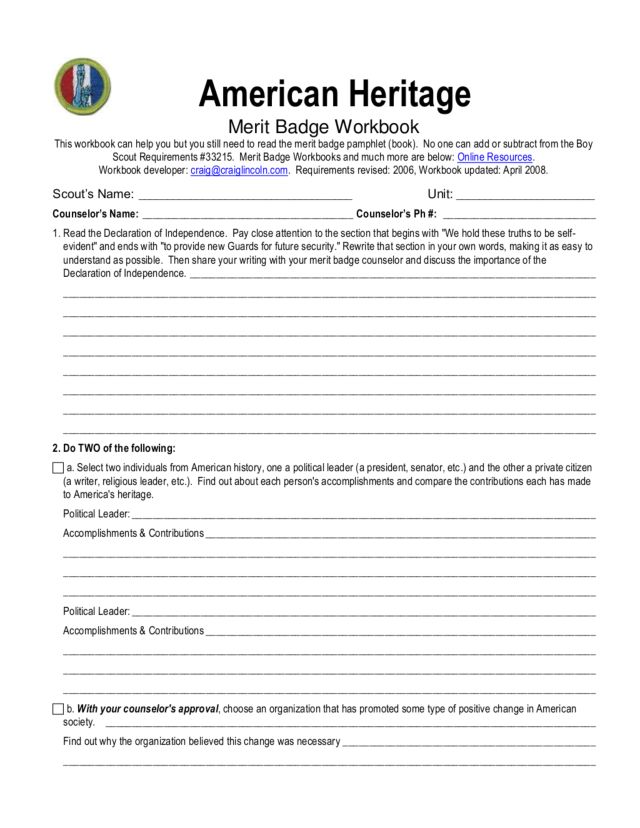 American Heritage Merit Badge Worksheet Guide