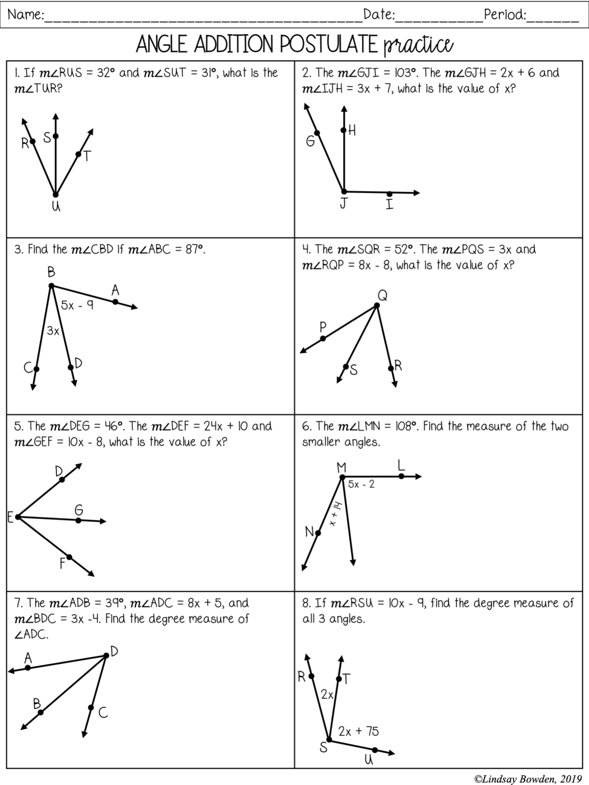 Angle Addition Postulate And Angle Bisector Worksheet Answers