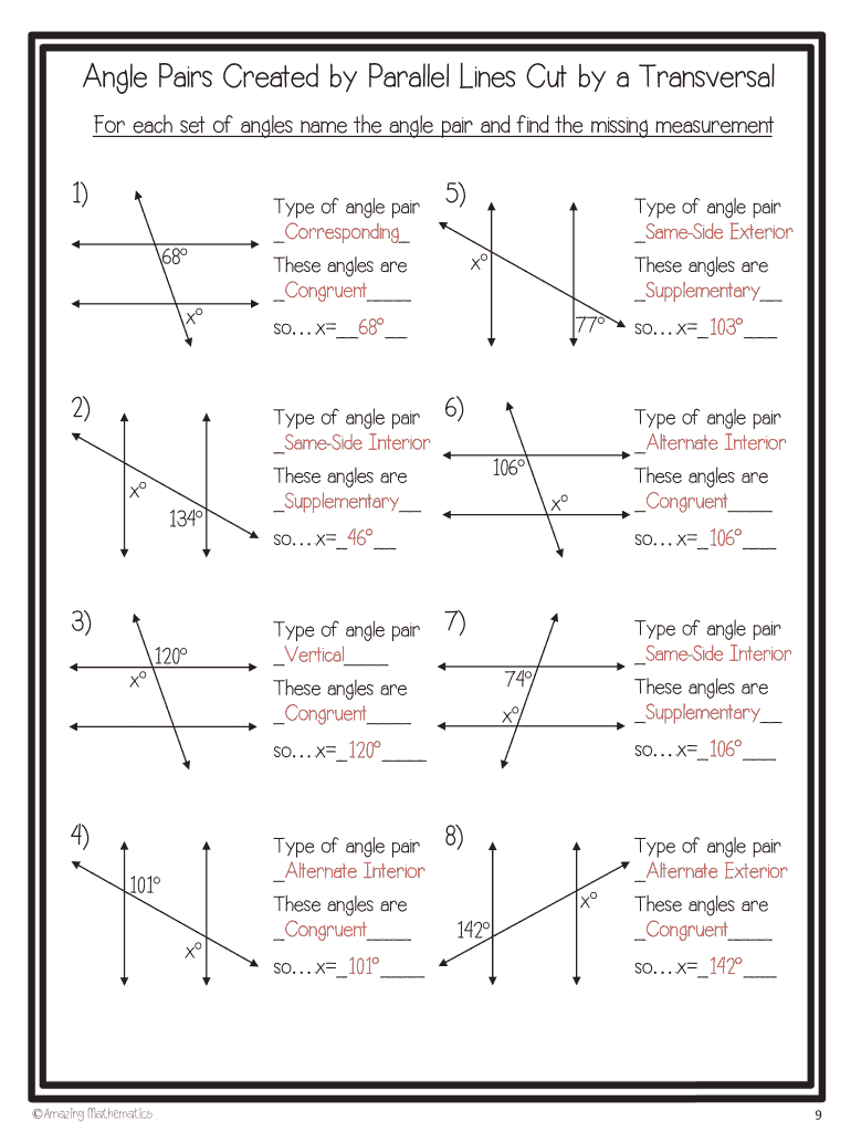 Angles Formed By Parallel Lines And Transversals Worksheets